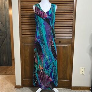 Vibrant Turquoise, Purple, Multicolor V-Neck Maxi Dress by Elegant Size M